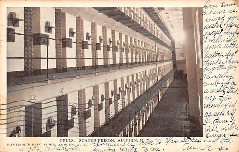 Cells, State Prison Auburn, New York, USA 1906 writing on front, postal marki...