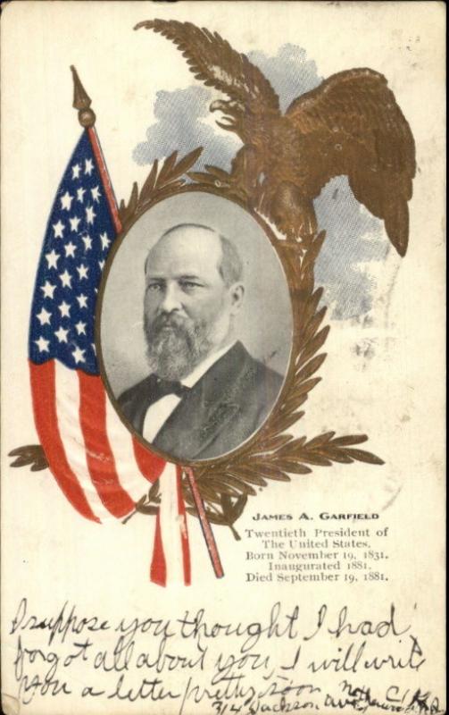 US President James A Garfield Gold Eagle & Flag Border c1905 Postcard bck