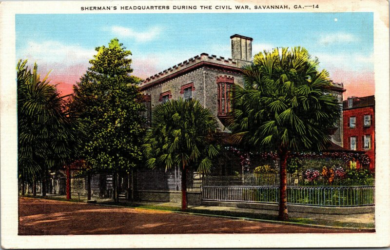 Vtg 1930s Sherman's Headquarters during Civil War Savannah Georgia GA Postcard