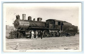 1930s RPPC CB&Q Railroad Train Engine Men Spooky Image of Child in Foreground