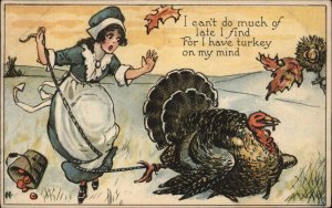 Thanksgiving Pilgrim Woman with Giant Thanksgiving c1910 Vintage Postcard