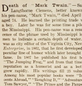 1910 Mark Twain Death Notice Obituary Samuel Clemens Ephemera News Print Ad