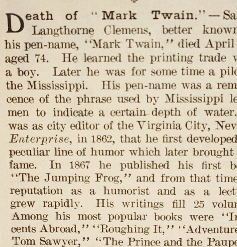 1910 Mark Twain Death Notice Obituary Samuel Clemens Ephemera News Print Ad 