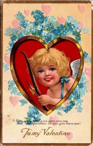 To My Valentine Cupid with Bow and Arrows, Heart Floral Embossed Postcard W70