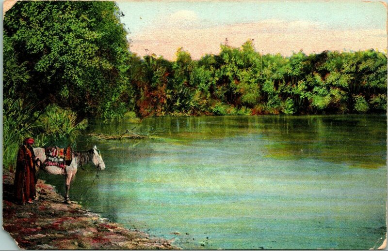 Vtg Postcard 1910s River Jordan Israel Scenic View Man With Horse UNP