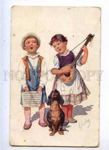 202648 Singing Kids & DACHSHUND by FEIERTAG Vintage postcard