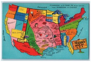 c1940's Texan's Map of the USA Texarkana to El Paso Posted Postcard