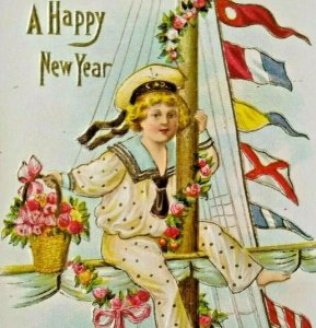 New Years Postcard Navy Sailor Boy CAD Hat Cap Embossed Flags Antique Unused