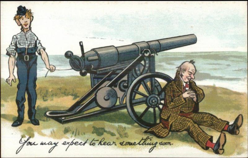 Old Man Asleep by Cannon About to Go Off EXPECT TO HEAR SOMETHING SOON c1910