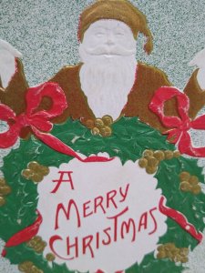 Santa With Wreath Christmas Postcard Original Heavy Embossed Vintage Unused