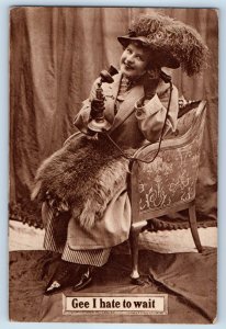 c1910's Pretty Woman Telephone Gee I Hate To Wait Elm Creek WV Antique Postcard