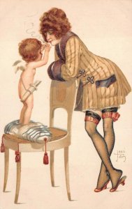 CUPID LIPSTICK WOMAN ARTIST SIGNED TAM FRANCE GLAMOUR POSTCARD (c. 1910)