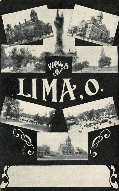 Lima Ohio~Multi Mini Vignettes~Oil Well Gusher~Court House~Downtown~c1905 B&W PC 