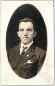c1910s Handsome Young Man RPPC Close Up Headshot Real Photo Oval Border A159