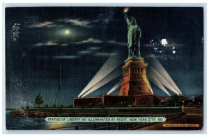 1948 Statue Liberty Illuminated Night New York City New York NY Vintage Postcard