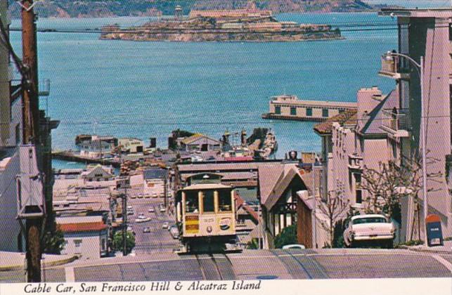 California San Francisco Cable Car On Hyde Street Hill With Alcatraz In Backg...