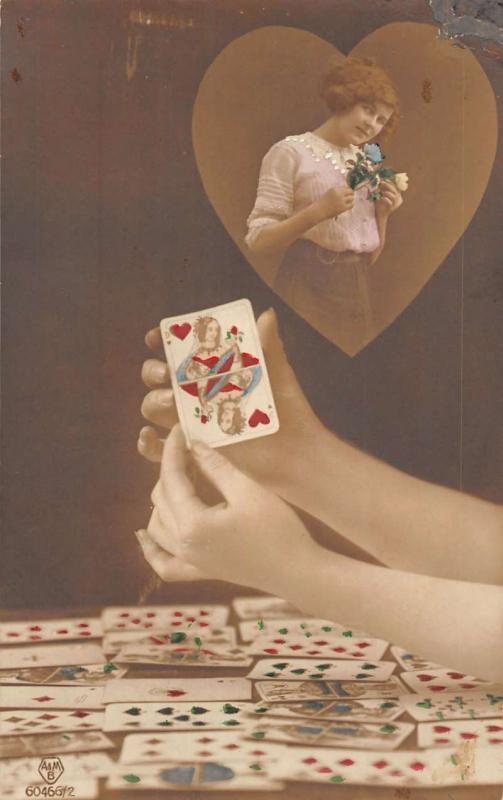 Gambling Cards Woman Fantasy Heart Tinted Real Photo Antique Postcard K40025