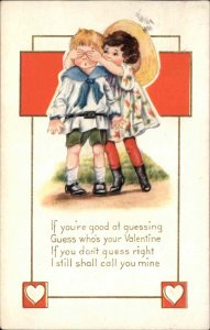 Valentine's Day Children Girl Hands Over Boys Eyes c1900s-10s Postcard