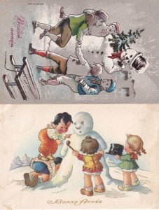 Bonne Anne Cute Snowman Children Making A 2x French Antique Postcard s