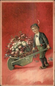 Boy Pushing Wheelbarrow Filled w/ Flower Pots c1910 Embossed Postcard