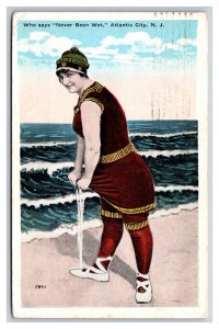 Woman Wringing Out Suit on Beach Atlantic City NJ UNP WB Postcard O17