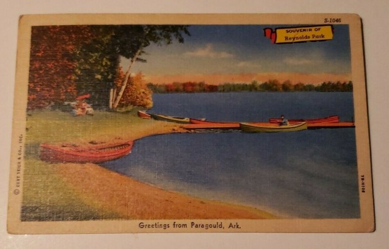 Vintage Postcard Greetings from Paragould Arkansas Reynolds Park lake canoes