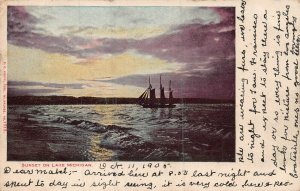 SAILBOAT WITH SUNSET ON LAKE MICHIGAN~1905 POSTCARD