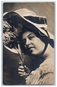 Pretty Woman Postcard RPPC Photo Flowers Hat With Glass c1910's Posted Antique