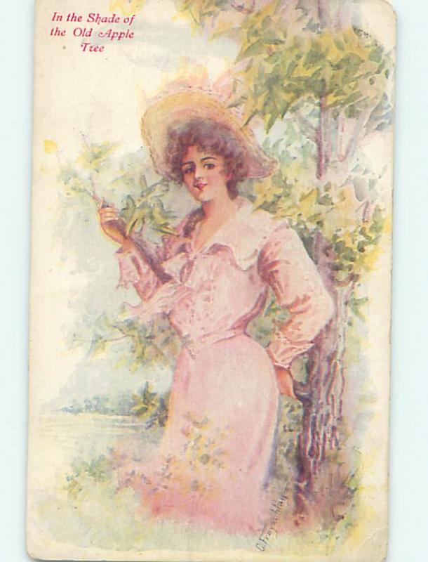 Divided-Back art nouveau signed PRETTY GIRL UNDER THE APPLE TREE o9971