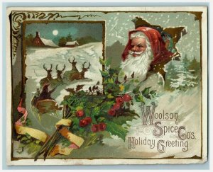 1880s Holiday Greeting Lion Coffee Woolson Spice Co. Santa Claus Reindeer #5K