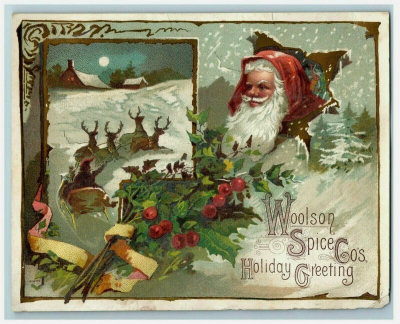 1880s Holiday Greeting Lion Coffee Woolson Spice Co. Santa Claus Reindeer #5K