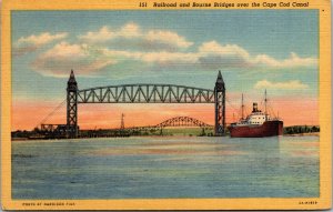 Vtg 1950s Railroad & Bourne Bridges Cape Cod Canal Massachusetts MA Postcard