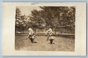 c1910's Children Unusual Goofing Playing Scene Field RPPC Photo Antique Postcard