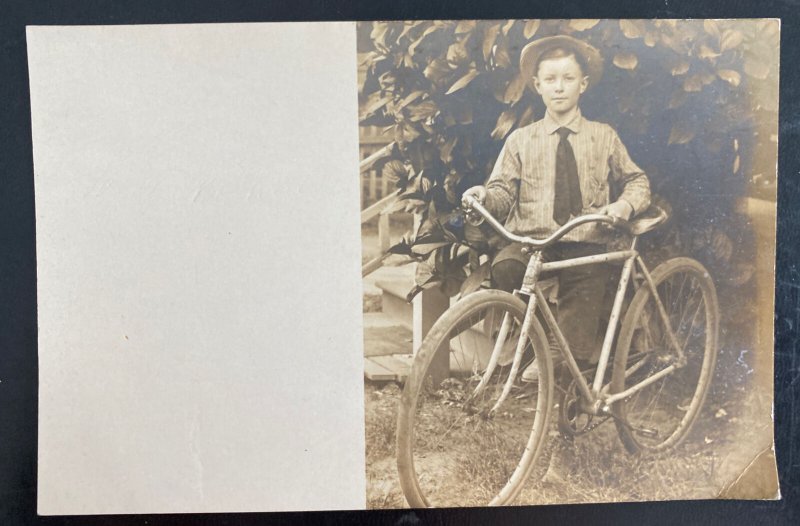 Mint USA Real Picture Postcard Boy His Blue Bike Bicycle Vintage