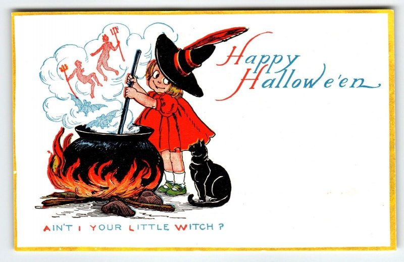 Halloween Postcard Little Girl Witch Cauldron Devils Pitchforks Black Cat Gibson