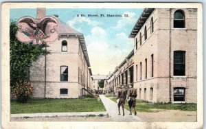 c1910s Fort Sheridan, IL A Co. St Soldiers Street Army Barracks WWI Cancel A147