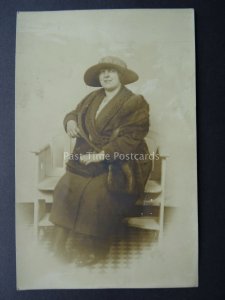 Studio Portrait LARGE LADY IN FIRS & HAT - Old RP Postcard