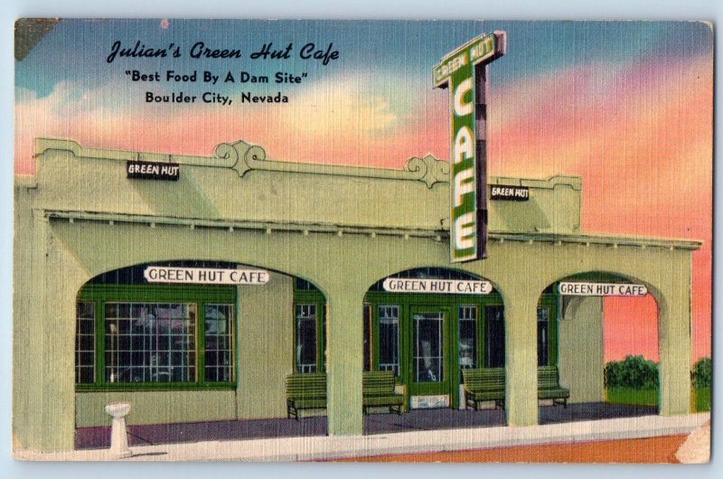 Boulder City Nevada Postcard Julian's Green Hut Cafe Dam c1940 Vintage Antique