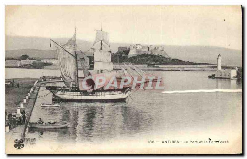 Postcard Old Lighthouse Antibes harbor and Fort Carre Boat Sailboat