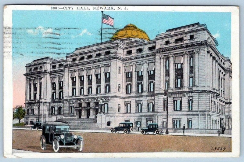 1928 NEWARK NEW JERSEY NJ CITY HALL OLD CARS CONEY ISLAND MESSAGE TO LEESBURG NJ