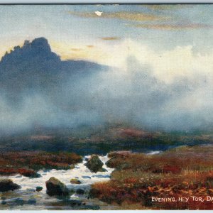c1910s Dartmoor, UK Hey Tor Evening Art Postcard Mountain Stream Painting A38