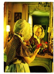 Woman in Traditional Costume in Mirror Looking at Roses, Used 1967 France