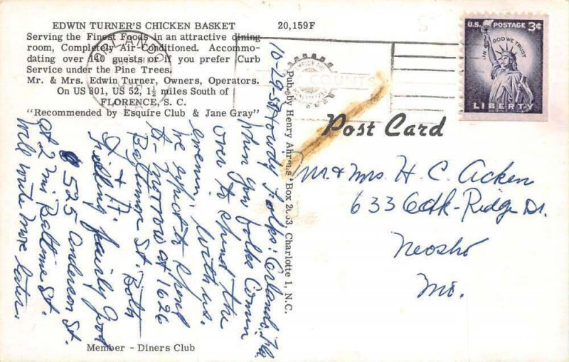 Florence South Carolina Edwin Turners Chicken Basket Vintage Postcard CC1814