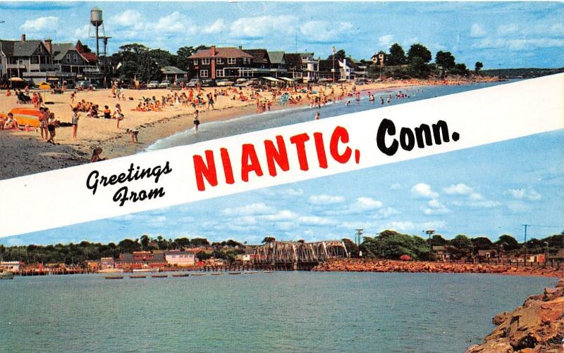 Niantic Connecticut~Crescent Beach Scene~Niantic Bay & Railroad Bridge~c1950s PC