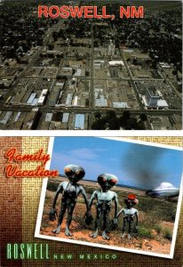 2~4X6 Postcards Roswell, NM New Mexico AERIAL VIEW & UFO~ALIENS Family Vacation