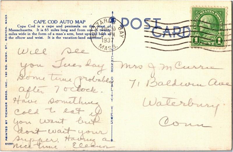 Cape Cod Auto Map Nantucket Barnstable Buzzards Bay c1937 Vintage Postcard R12