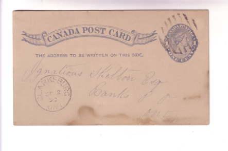 Canada Postal Stationery Victoria 1 C Blue, 1890 Cork Cancel, Clarksburg Ontario