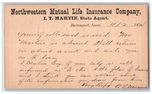 1874 Northwestern Mutual Life Insurance Company Davenport Iowa IA Postal Card