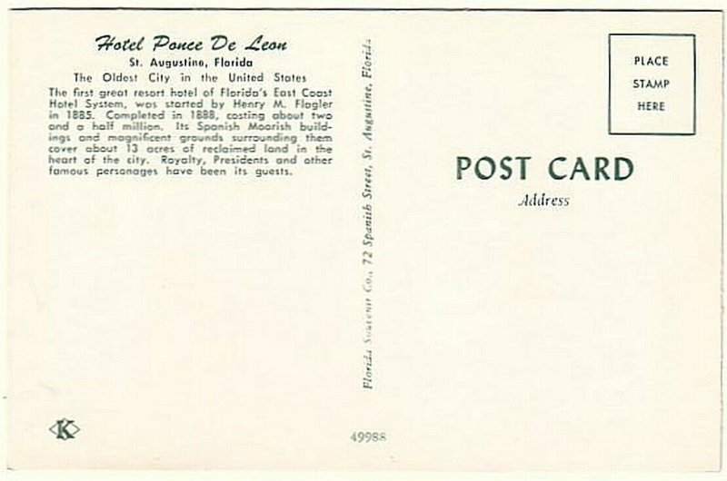 Hotel Ponce De Leon, St Augustine, Florida, Vintage Chrome Postcard