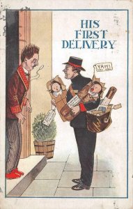 HIS FIRST DELIVERY A GAY BOY BUN VILLA STOCKLEY MAIL COMIC UK POSTCARD (c. 1915)